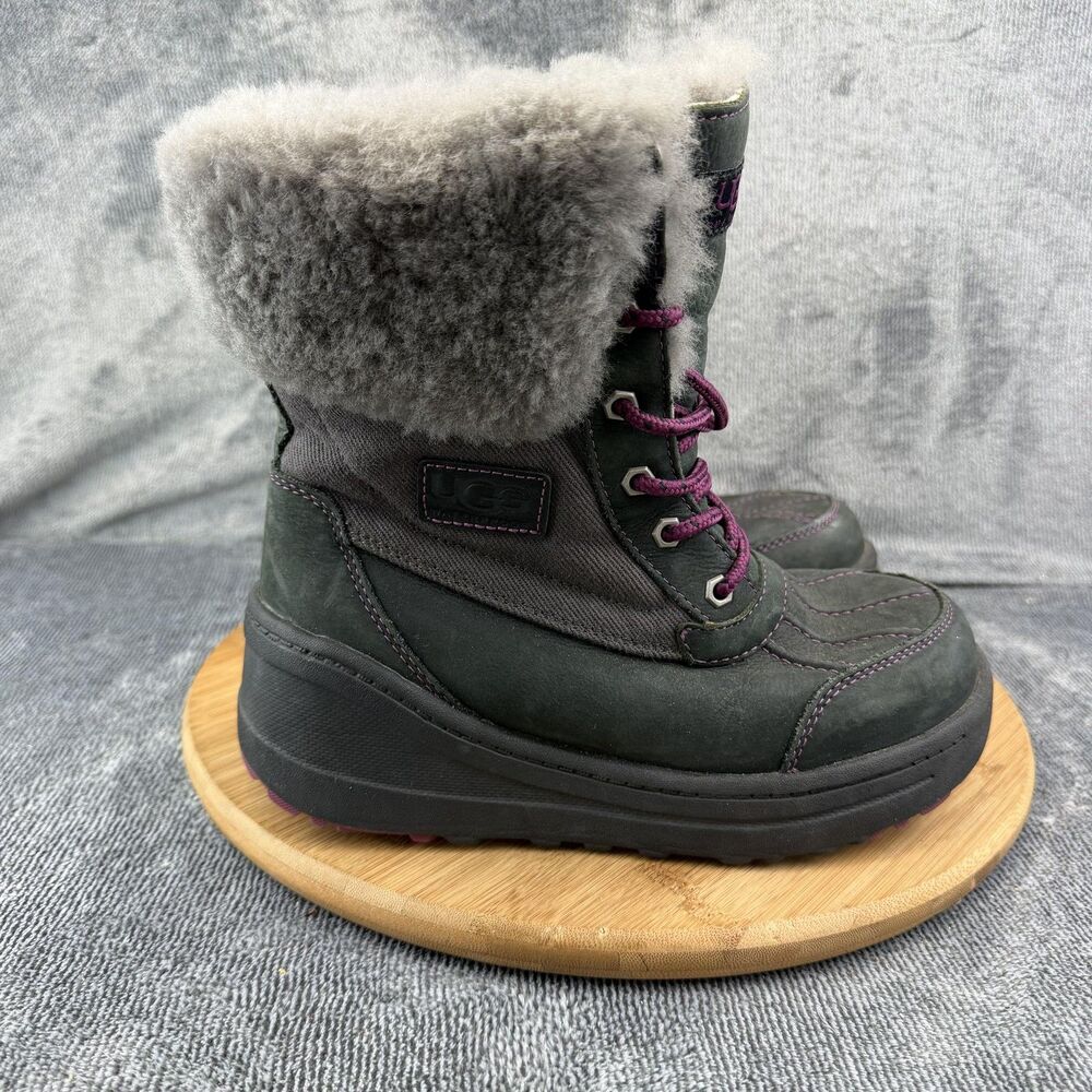 UGG Boots Womens Size 6 Gray Suede Shearling Winter Snow Lace Up Wedge 1003289